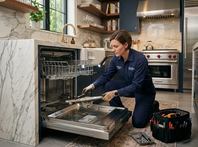 Appliance Repair Hero technician servicing a built-in dishwasher in a Artesia, CA kitchen