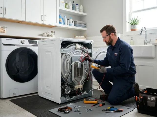 Appliance Repair Hero technician checking a dryer heating element with the rear panel off in Artesia, CA