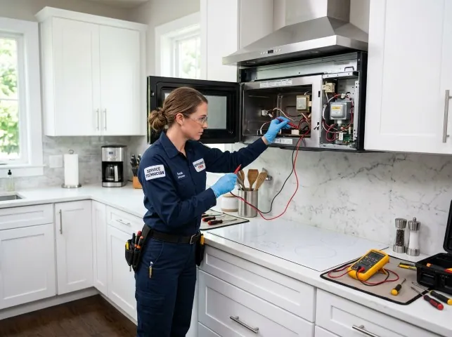 Appliance Repair Hero technician testing an over-the-range microwave in a Artesia, CA kitchen