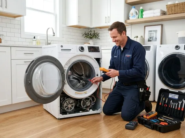 Appliance Repair Hero technician testing a front-load washer with a multimeter on a Artesia, CA service call